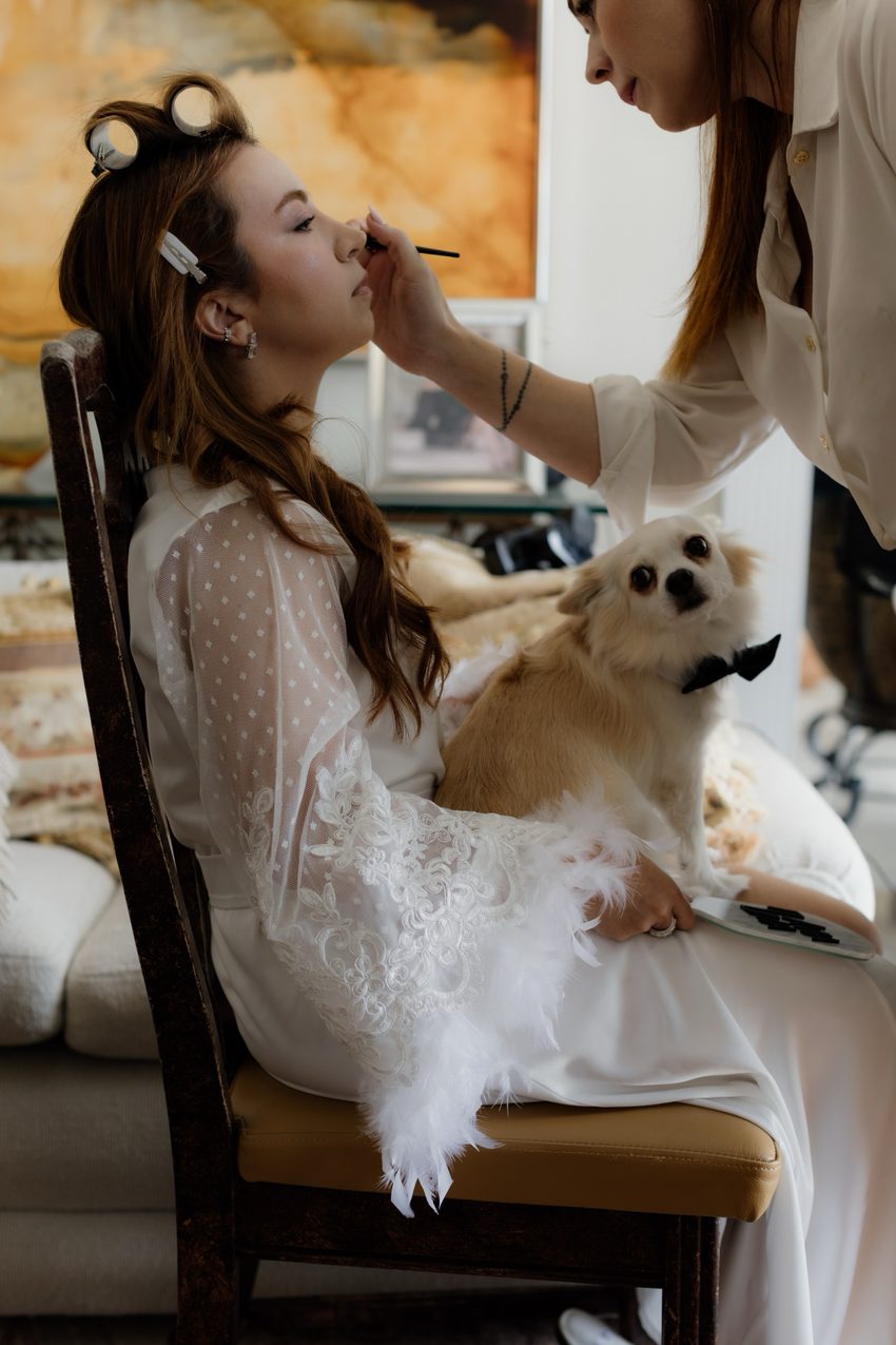 Maquiagem com os bobs no cabelo, cachorro no colo